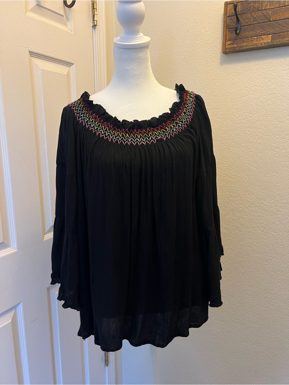 Panhandle Black Boho Peasant Tunic with Multicolor Embroidered Neckline